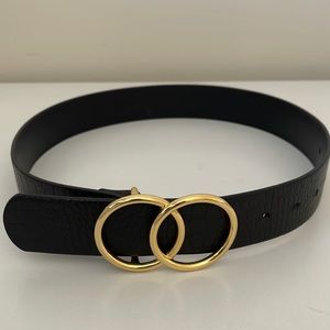 Auxiliary double-tong buckle belt black leather gold buckle XXS